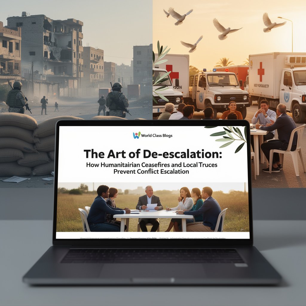 A timeline infographic showing the 5 key stages of a humanitarian ceasefire: Crisis Catalyst, Negotiation & Design, Implementation, and Post-Ceasefire outcomes.