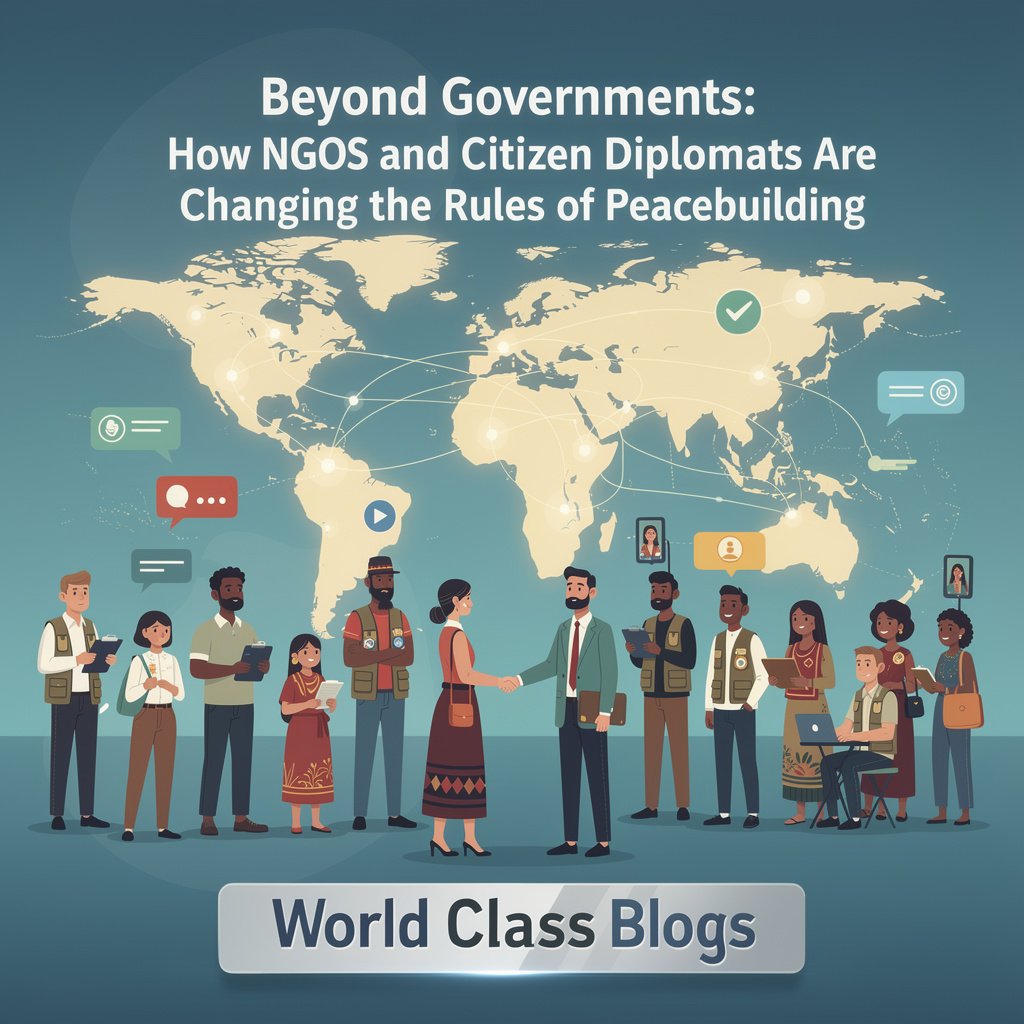 An infographic illustrating the three tracks of diplomacy: Track I (Government), Track II (Unofficial Experts/NGOs), and Track III (Grassroots/People-to-People), showing how they interact and support each other.