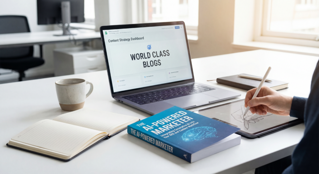 An infographic showing a circular workflow: Human Strategy -> AI Research -> AI Drafting -> Human Editing -> AI Optimization -> Human Publishing/Analysis, illustrating the continuous human-in-the-loop process.