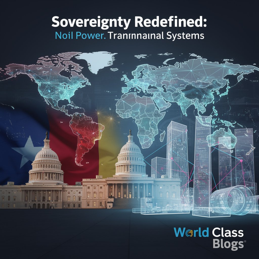 An infographic showing a traditional, solid block labeled "Westphalian State" breaking apart into multiple, overlapping layers: Local/City, National, Regional/Bloc (EU), Corporate/Digital, and Global/UN, with arrows showing flows of authority and contestation between them.