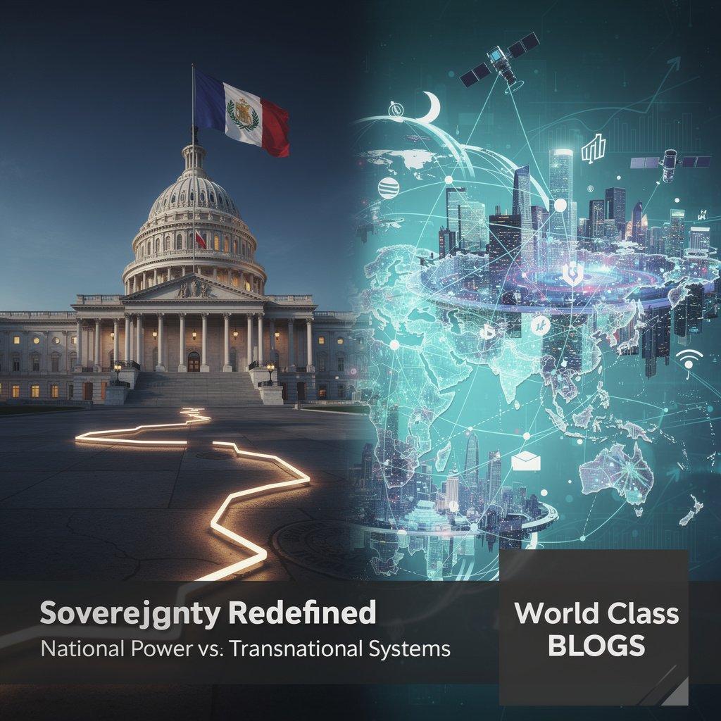 An infographic showing a traditional, solid block labeled "Westphalian State" breaking apart into multiple, overlapping layers: Local/City, National, Regional/Bloc (EU), Corporate/Digital, and Global/UN, with arrows showing flows of authority and contestation between them.