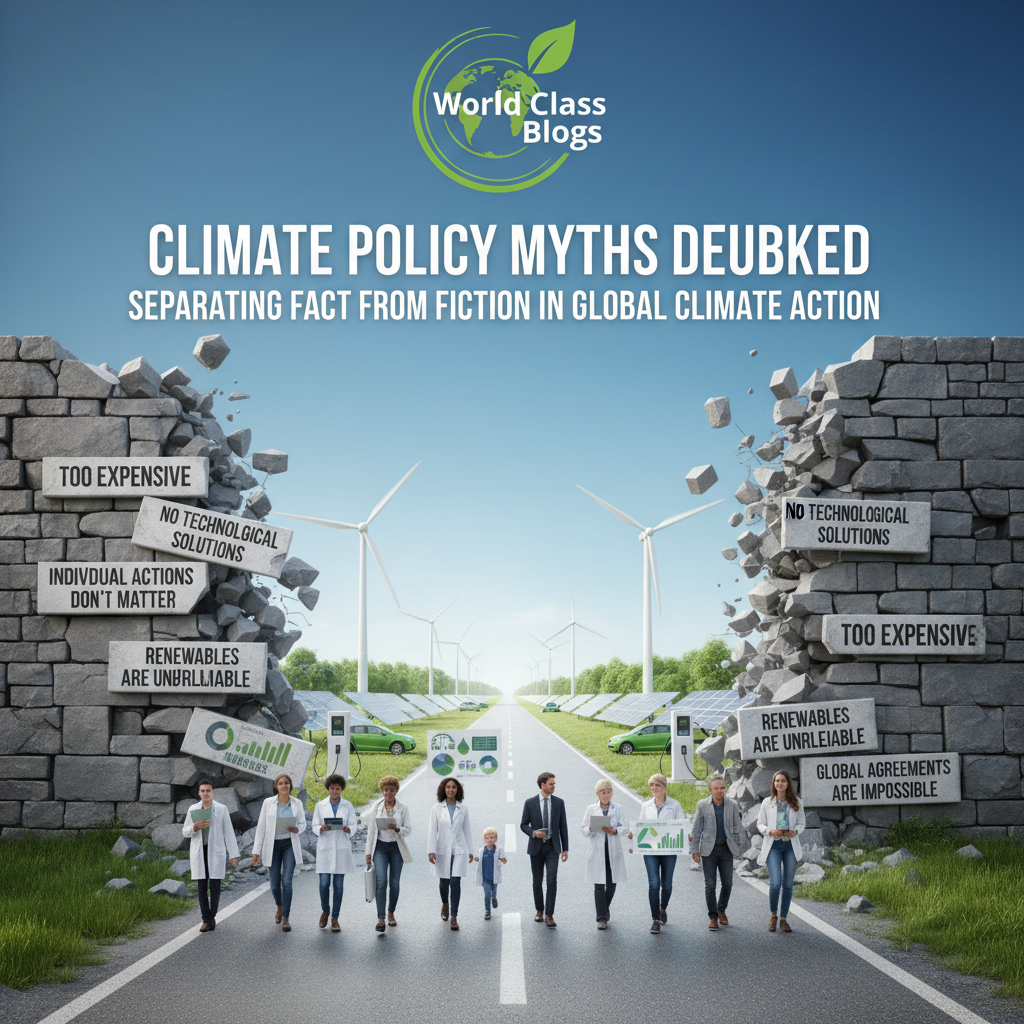 Comparison table showing common climate policy myths alongside factual corrections with supporting evidence