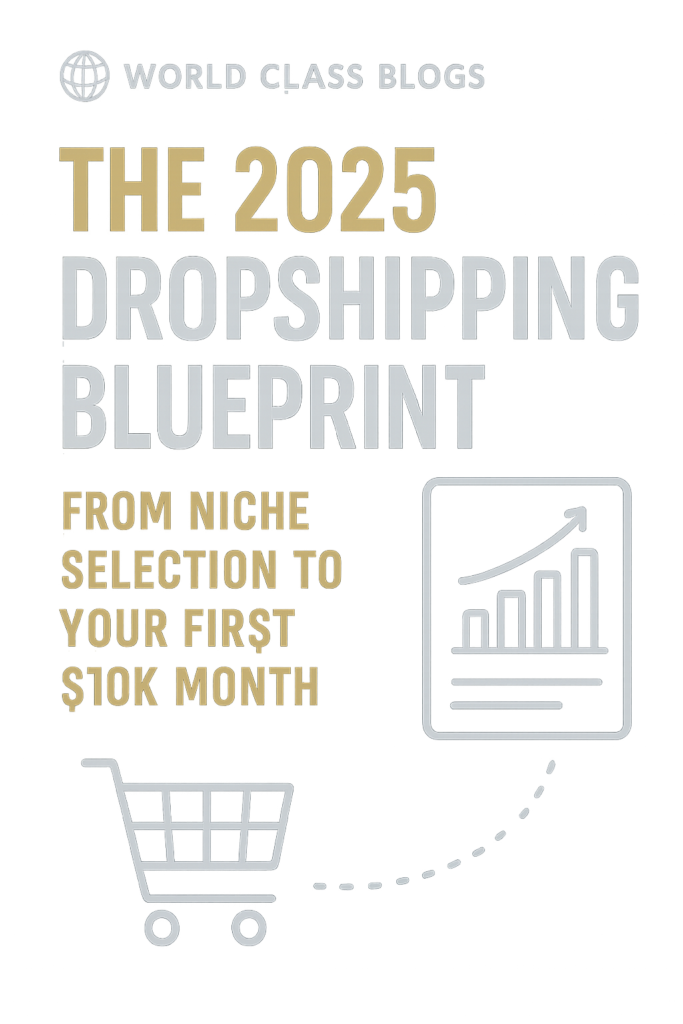 Infographic showing the 7-step dropshipping funnel: Niche, Supplier, Store, Content, Ads, Service, Data, leading to a $10k month result.