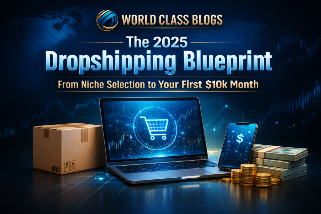Infographic showing the 7-step dropshipping funnel: Niche, Supplier, Store, Content, Ads, Service, Data, leading to a $10k month result.