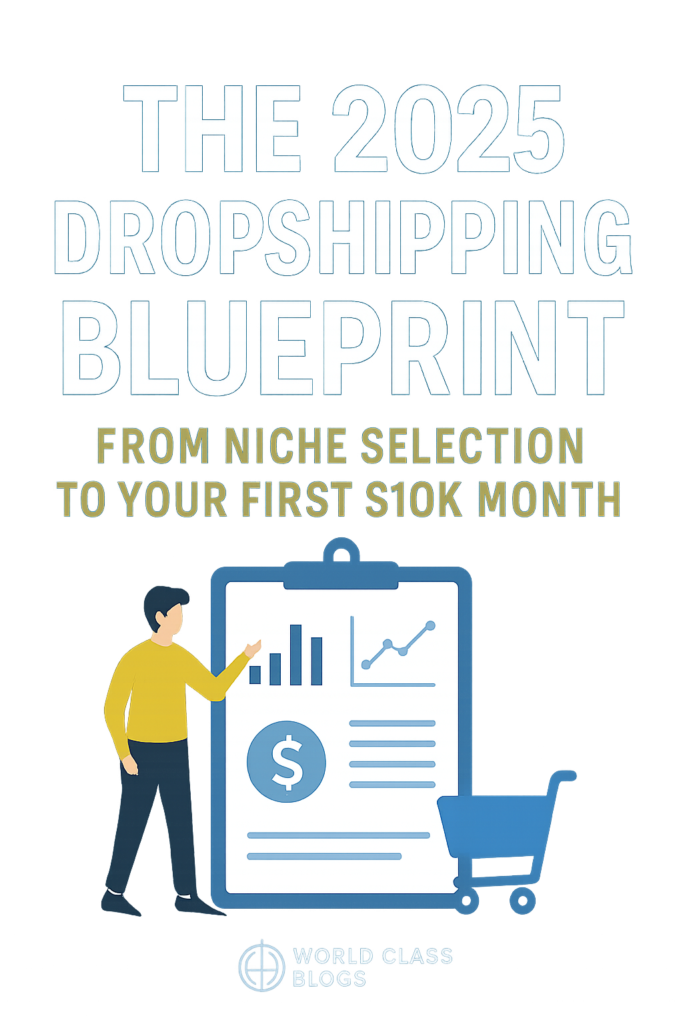 Infographic showing the 7-step dropshipping funnel: Niche, Supplier, Store, Content, Ads, Service, Data, leading to a $10k month result.