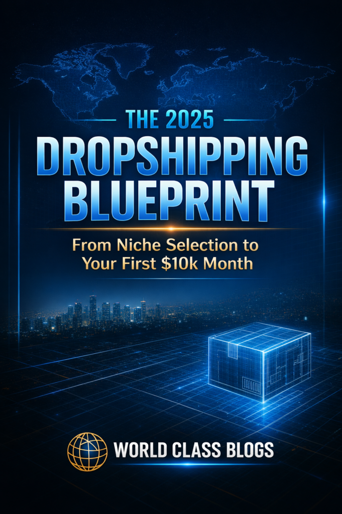 Infographic showing the 7-step dropshipping funnel: Niche, Supplier, Store, Content, Ads, Service, Data, leading to a $10k month result.