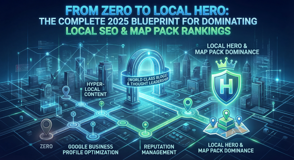 An infographic showing eight pillars holding up a "Map Pack Ranking" temple. The pillars are labeled: GBP Optimization, On-Page Localization, Citation Audit, Review Management, Local Links, Local Content, Performance Tracking, and Reputation Management.
