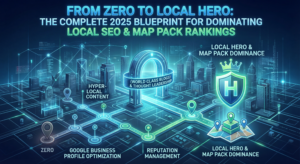 An infographic showing eight pillars holding up a "Map Pack Ranking" temple. The pillars are labeled: GBP Optimization, On-Page Localization, Citation Audit, Review Management, Local Links, Local Content, Performance Tracking, and Reputation Management.