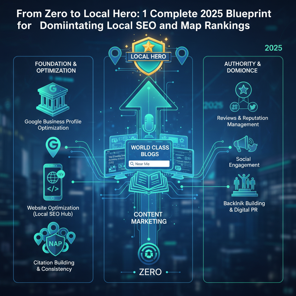 An infographic showing eight pillars holding up a "Map Pack Ranking" temple. The pillars are labeled: GBP Optimization, On-Page Localization, Citation Audit, Review Management, Local Links, Local Content, Performance Tracking, and Reputation Management.