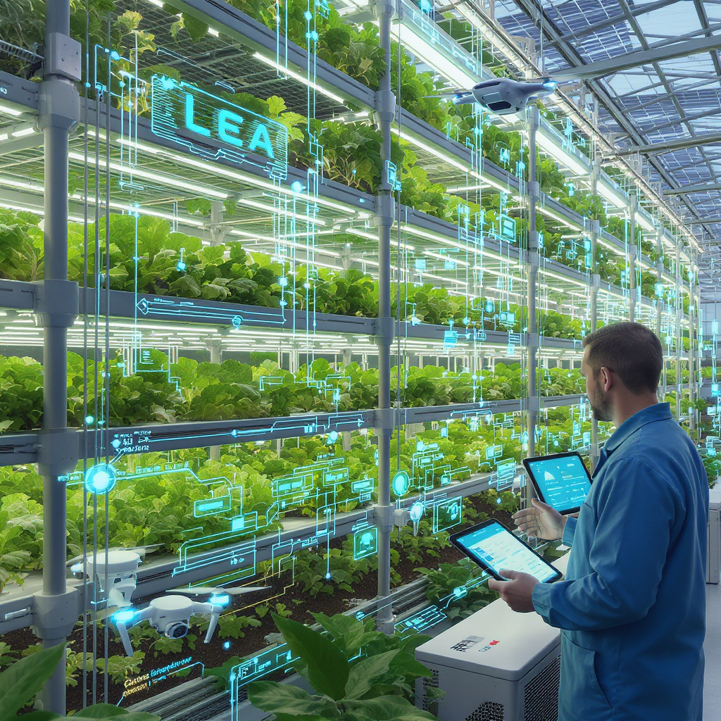 Diagram showing satellite, drone, and in-ground sensors collecting data, flowing to a cloud/AI brain, which sends prescriptions to smart tractors, irrigation, and robotics.