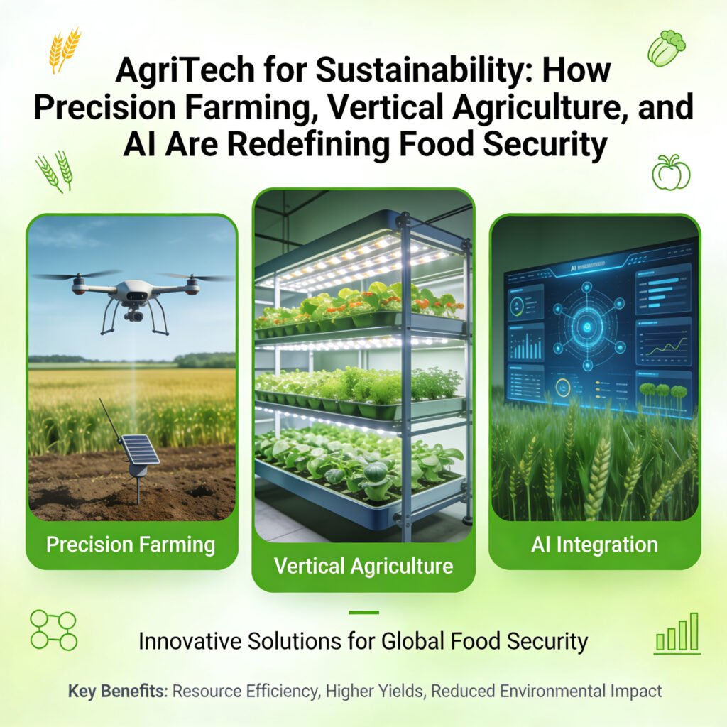 Diagram showing satellite, drone, and in-ground sensors collecting data, flowing to a cloud/AI brain, which sends prescriptions to smart tractors, irrigation, and robotics.