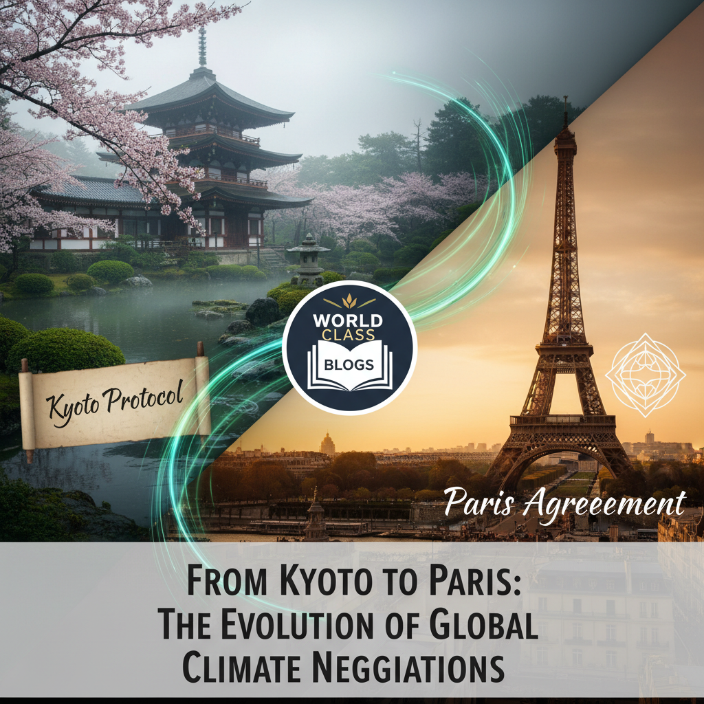 Timeline showing key milestones in international climate negotiations from 1972 to 2025