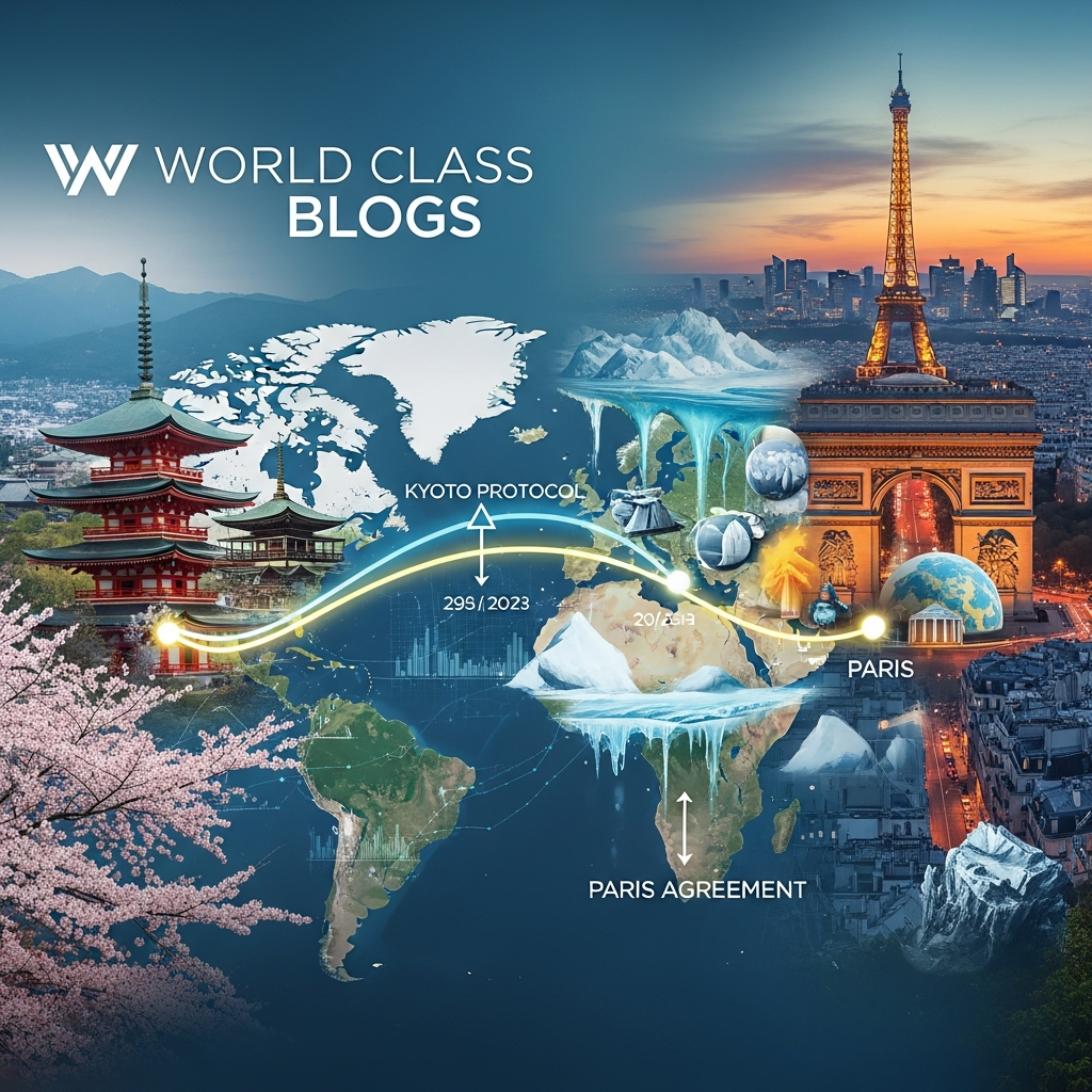 Timeline showing key milestones in international climate negotiations from 1972 to 2025