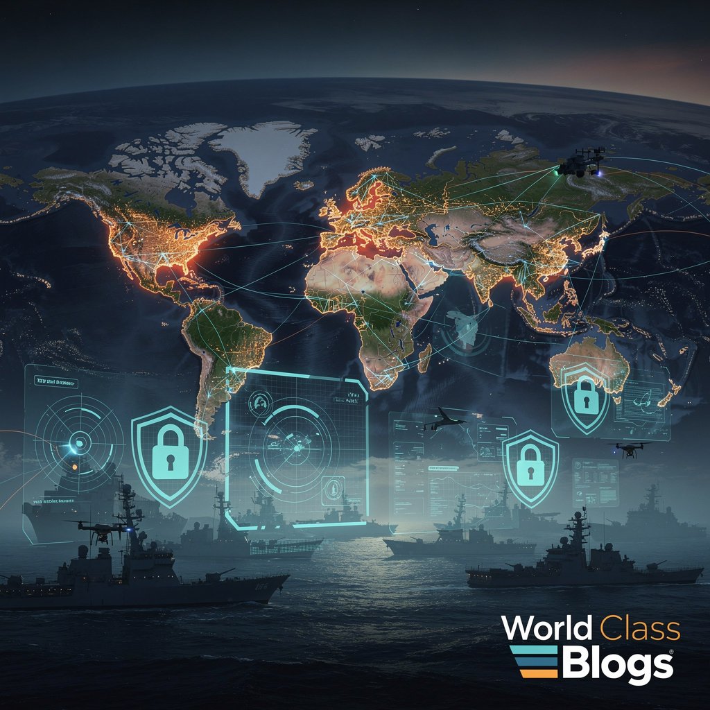 A world map overlaid with overlapping spheres of influence (U.S./Allies, China, Russia) and the network of major military alliances (NATO, AUKUS, Quad, SCO), showing zones of contestation and alignment.