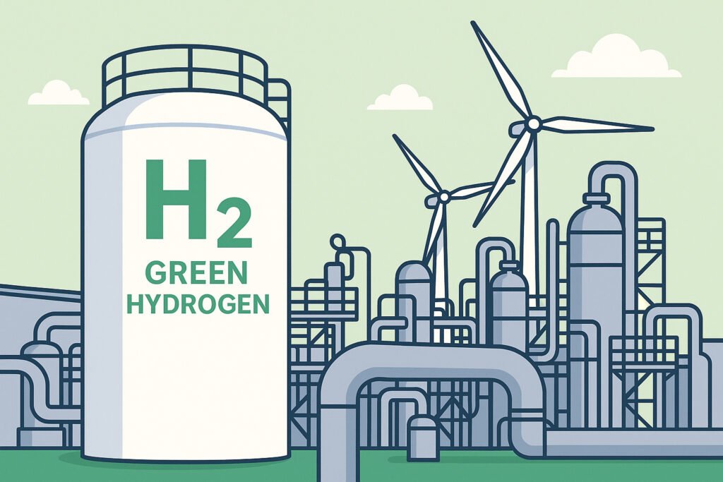 Flow diagram showing renewable energy powering electrolyzers, hydrogen being compressed/liquefied, transported via pipeline/ship, and used in industry, transport, and power generation.