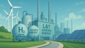 Flow diagram showing renewable energy powering electrolyzers, hydrogen being compressed/liquefied, transported via pipeline/ship, and used in industry, transport, and power generation.