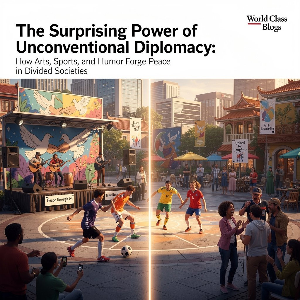 A photo collage featuring: 1) musicians of the West-Eastern Divan Orchestra, 2) a mixed-team football match in Colombia, 3) a collaborative mural painting in a divided city, 4) a stand-up comedy duo from conflicting regions.