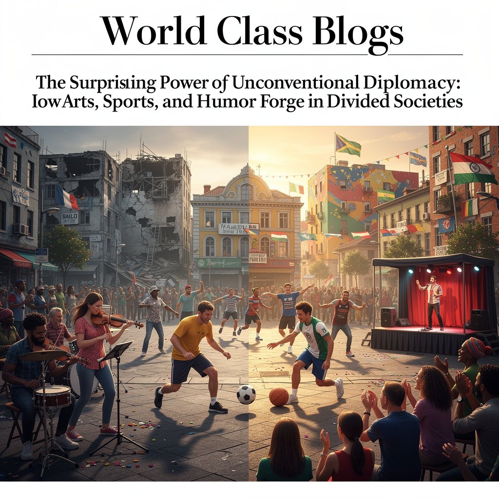 A photo collage featuring: 1) musicians of the West-Eastern Divan Orchestra, 2) a mixed-team football match in Colombia, 3) a collaborative mural painting in a divided city, 4) a stand-up comedy duo from conflicting regions.