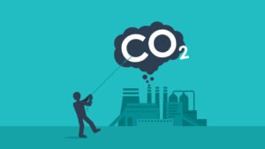 Flow chart showing industrial emissions entering a capture unit, CO₂ being compressed and transported via pipeline/ship, then injected underground for storage or used in products.