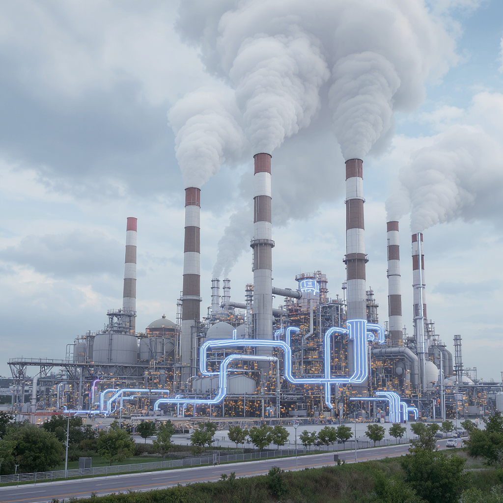 Flow chart showing industrial emissions entering a capture unit, CO₂ being compressed and transported via pipeline/ship, then injected underground for storage or used in products.