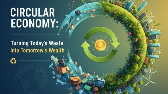 Side-by-side diagrams: linear economy shows straight arrow from extraction to landfill; circular economy shows continuous loops for maintenance, reuse, refurbishment, and recycling.
