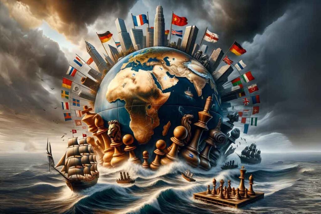 World map showing geopolitical fragmentation with competing US and China spheres, regional blocs, and conflict zones in a leaderless world order