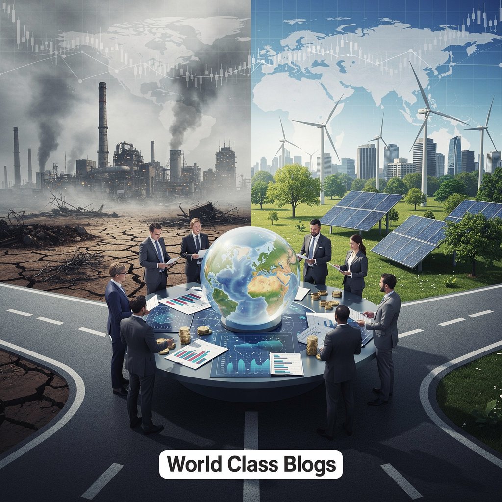 An illustrated flowchart mapping the complex journey of climate finance from public/private/philanthropic sources through various financial instruments to mitigation and adaptation projects in developed and developing countries, highlighting the multi-trillion dollar gap.