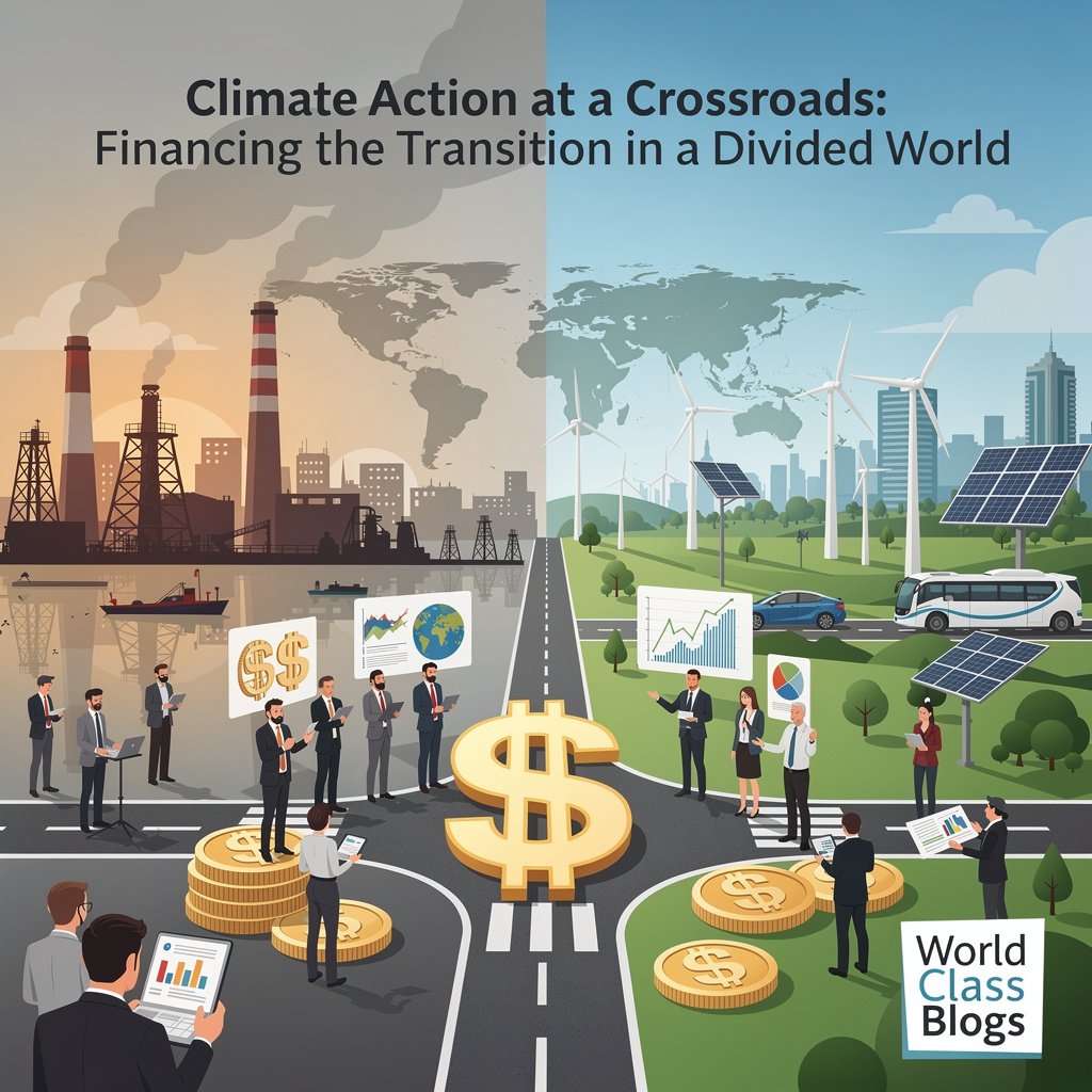 An illustrated flowchart mapping the complex journey of climate finance from public/private/philanthropic sources through various financial instruments to mitigation and adaptation projects in developed and developing countries, highlighting the multi-trillion dollar gap.