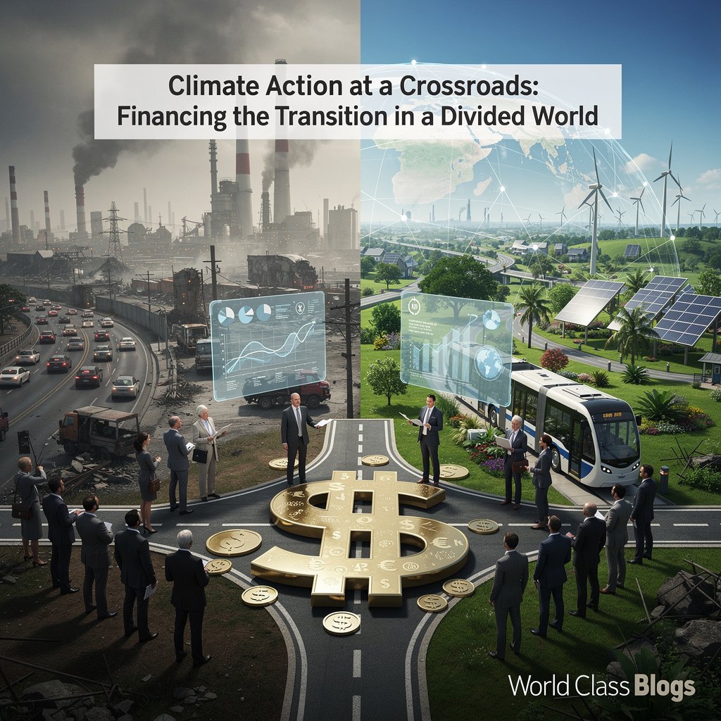 An illustrated flowchart mapping the complex journey of climate finance from public/private/philanthropic sources through various financial instruments to mitigation and adaptation projects in developed and developing countries, highlighting the multi-trillion dollar gap.