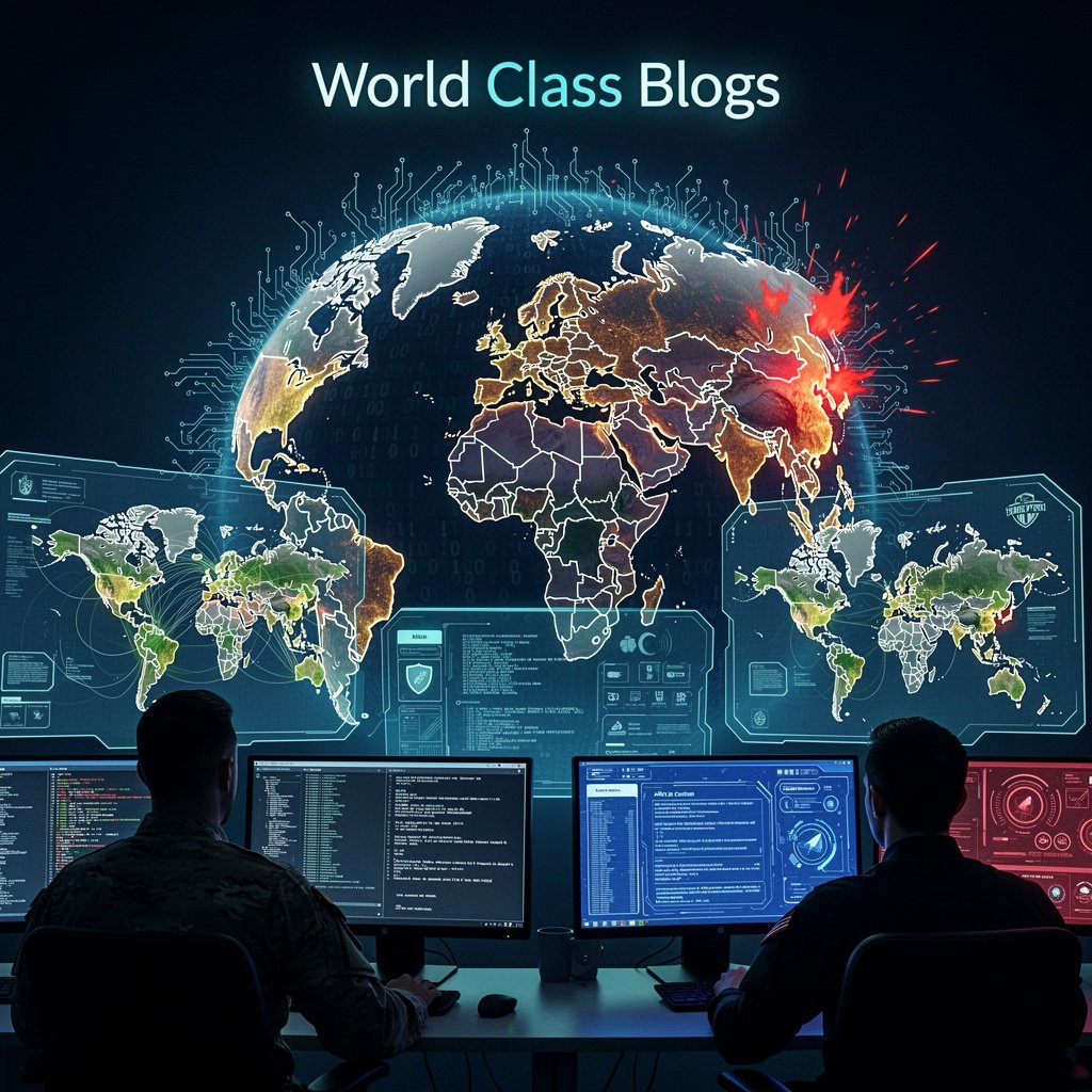 World map showing hotspots of cyber activity from countries like the US, China, Russia, Iran, and North Korea, with icons indicating espionage, disruption, and theft.