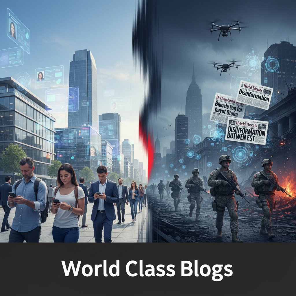 An infographic wheel showing the interconnected tools of hybrid threats: Military/Proxies, Cyber, Information, Economic, Diplomatic, and Legal, all orbiting a core of "Strategic Ambiguity."