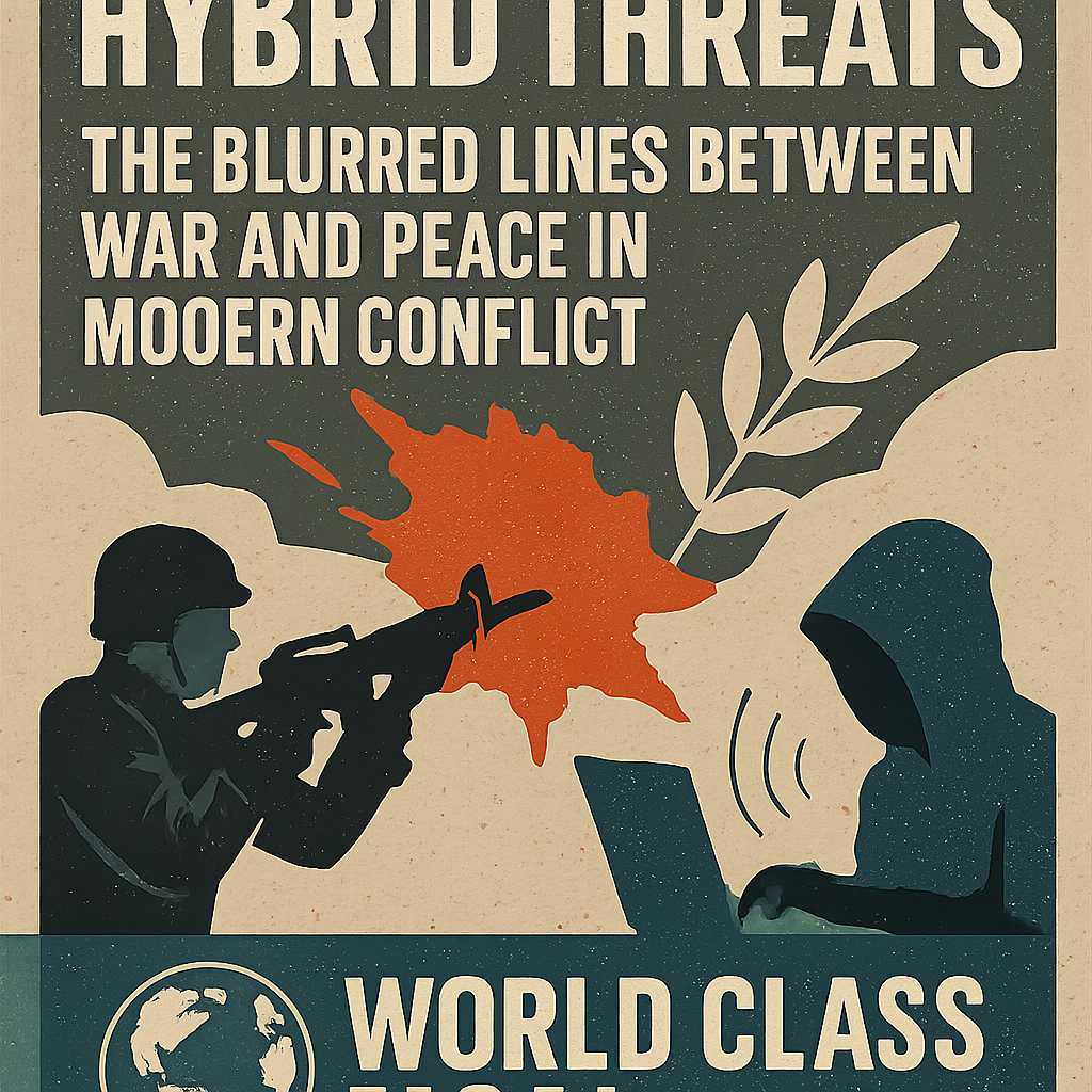 An infographic wheel showing the interconnected tools of hybrid threats: Military/Proxies, Cyber, Information, Economic, Diplomatic, and Legal, all orbiting a core of "Strategic Ambiguity."