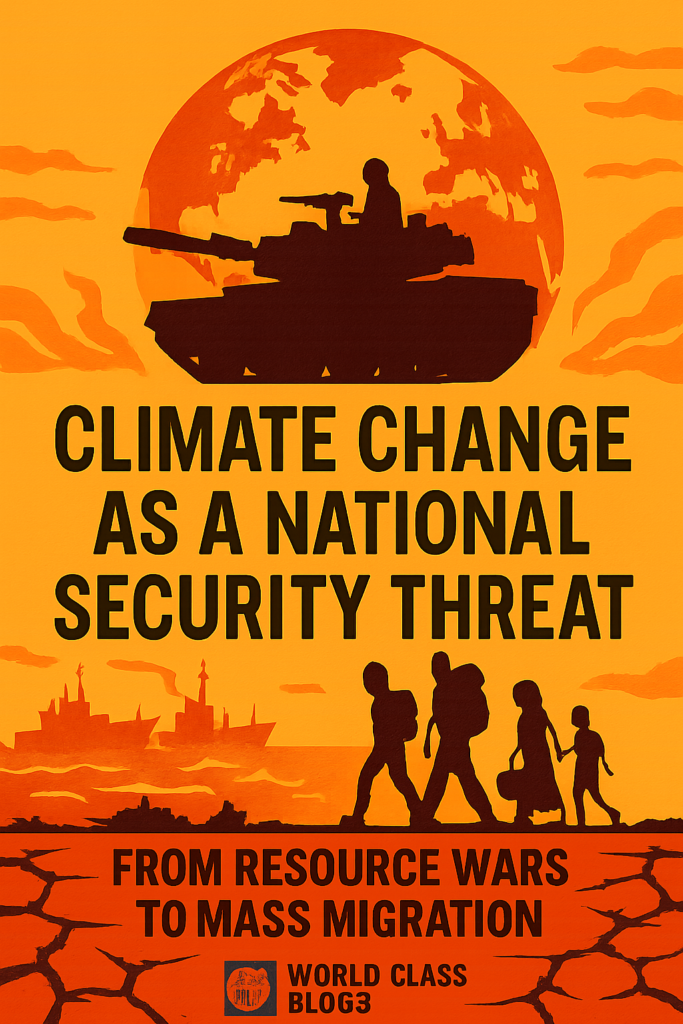 A central "Climate Change" node connected by arrows to amplifying factors like Water Scarcity, Food Insecurity, Economic Shock, and Displacement, which then feed into outcomes like Social Unrest, State Failure, and Conflict.