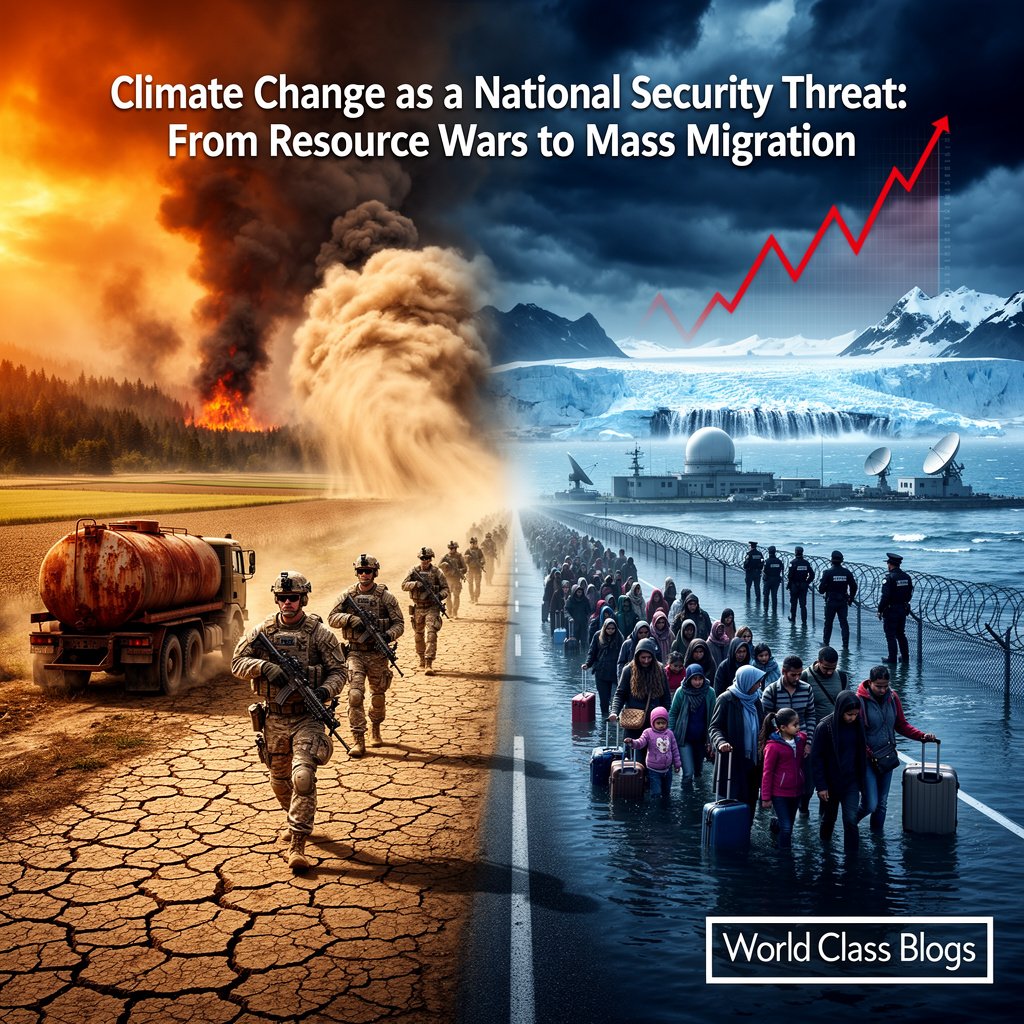 A central "Climate Change" node connected by arrows to amplifying factors like Water Scarcity, Food Insecurity, Economic Shock, and Displacement, which then feed into outcomes like Social Unrest, State Failure, and Conflict.
