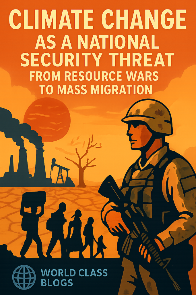 A central "Climate Change" node connected by arrows to amplifying factors like Water Scarcity, Food Insecurity, Economic Shock, and Displacement, which then feed into outcomes like Social Unrest, State Failure, and Conflict.