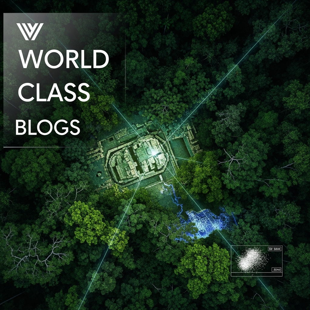 Diagram showing step-by-step how airborne LiDAR works to find ancient ruins under jungle canopy, from aircraft emission to digital terrain model.