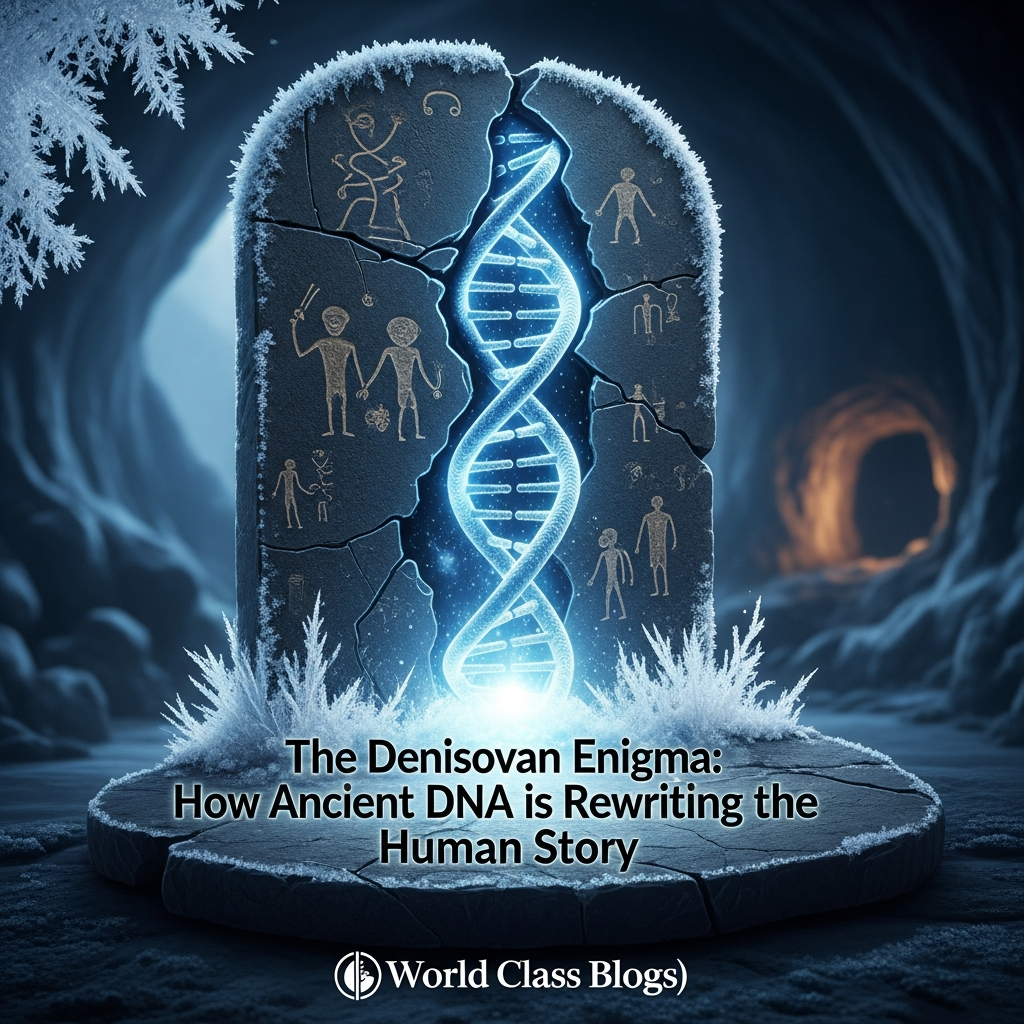 Timeline from 2008 to 2025 showing key Denisovan discoveries: the finger bone, genome, hybrid find, jawbone, and sediment DNA.