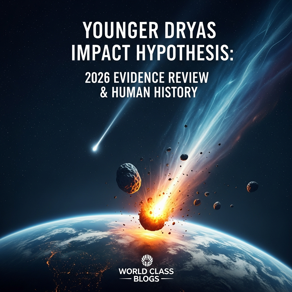 Timeline graph showing warming after ice age, the sudden Younger Dryas cold period, and a step-by-step infographic of the proposed comet impact sequence.
