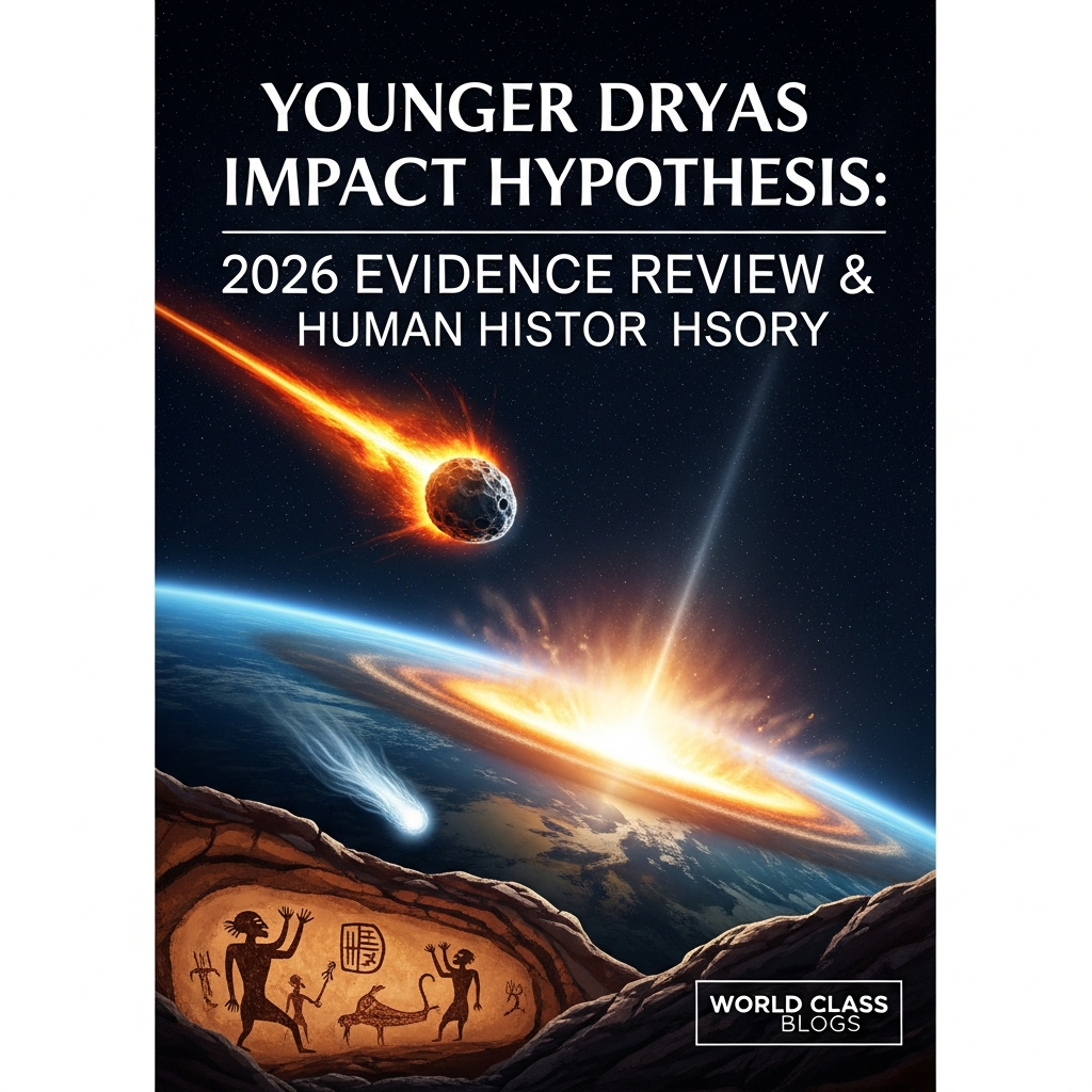 Timeline graph showing warming after ice age, the sudden Younger Dryas cold period, and a step-by-step infographic of the proposed comet impact sequence.