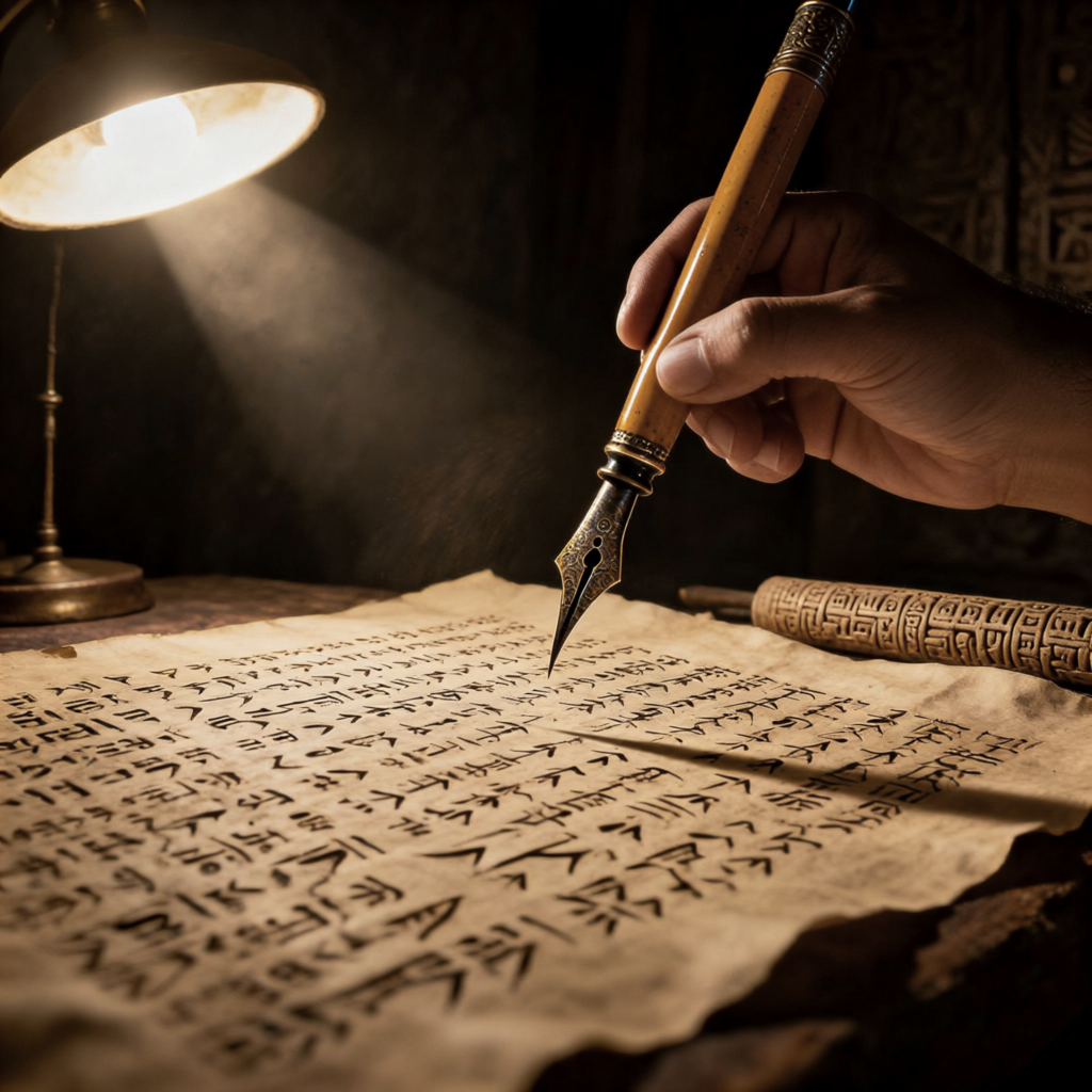 Infographic chart showing the evolution from pictorial symbols to logograms, syllabaries, and alphabets, with examples like Indus seals, Chinese, Linear B, and Greek.