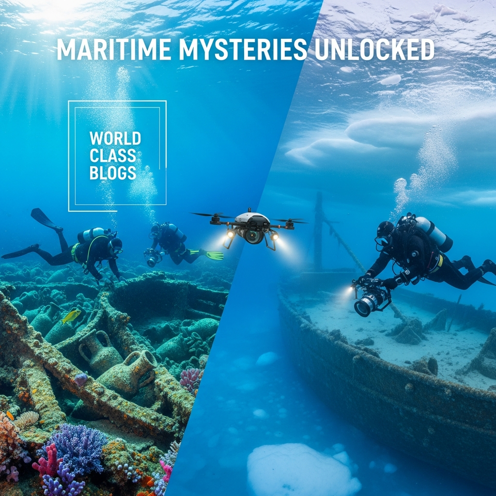 Visual diagram showing Underwater Archaeology the workflow from satellite/AUV survey to ROV inspection, photogrammetric 3D modeling, and final conservation in a lab.