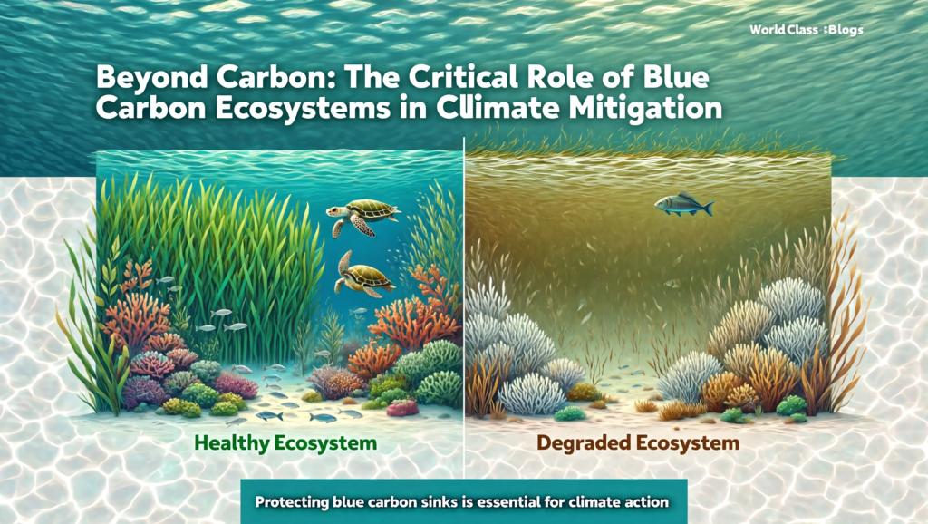 Infographic comparing mangroves, seagrass, and salt marshes, showing their carbon storage and co-benefits.