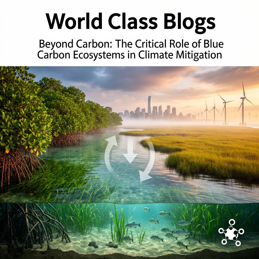 Infographic comparing mangroves, seagrass, and salt marshes, showing their carbon storage and co-benefits.