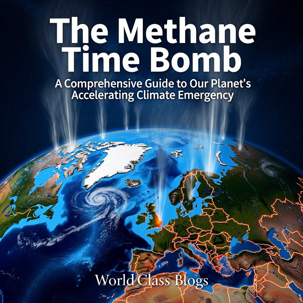 Pie chart and icons showing global anthropogenic methane sources: agriculture 40%, fossil fuels 35%, waste 20%, other 5%.