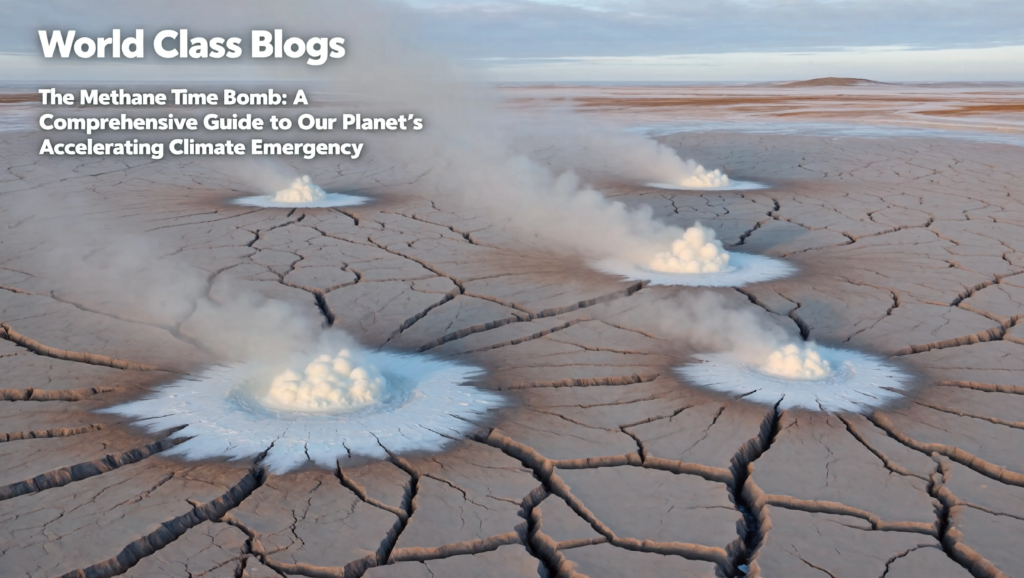Pie chart and icons showing global anthropogenic methane sources: agriculture 40%, fossil fuels 35%, waste 20%, other 5%.
