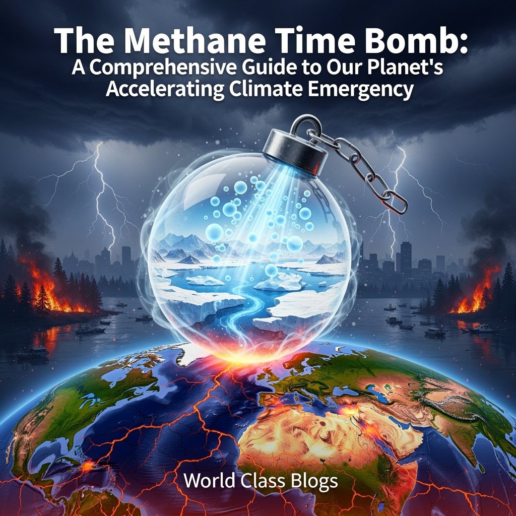Pie chart and icons showing global anthropogenic methane sources: agriculture 40%, fossil fuels 35%, waste 20%, other 5%.