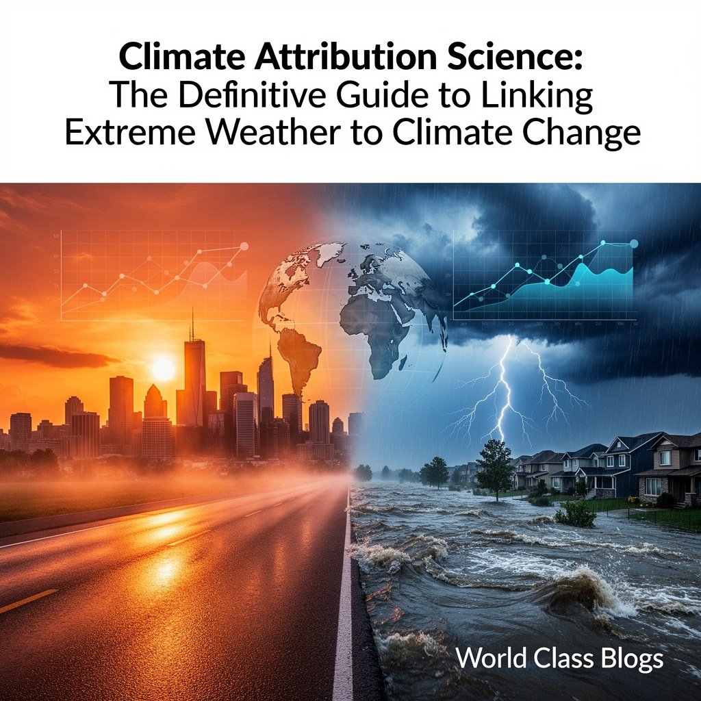 Flowchart showing the steps of extreme event attribution: define event, gather data, run climate models (factual vs. counterfactual), analyze statistics, communicate results.