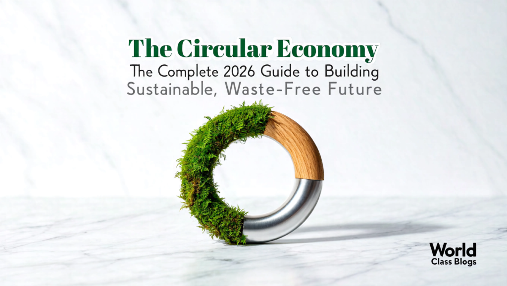 An infographic showing the circular economy butterfly diagram with two cycles: biological materials flowing back to the biosphere and technical materials being maintained, reused, refurbished, and recycled in an industrial loop.