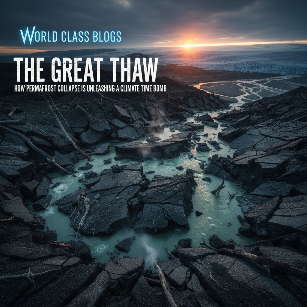 An illustrated diagram showing gradual top-down thaw, abrupt thermokarst lake formation, microbial release of CO2 and CH4, and the feedback loop to global warming.