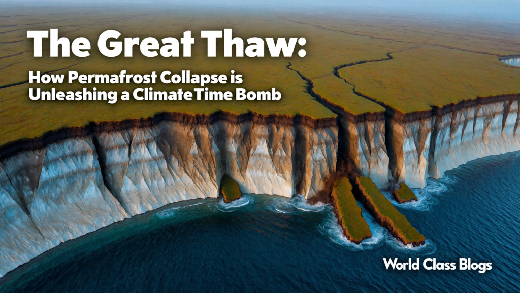An illustrated diagram showing gradual top-down thaw, abrupt thermokarst lake formation, microbial release of CO2 and CH4, and the feedback loop to global warming.